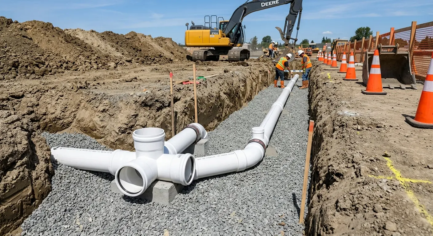 New PVC sewer pipe installation in open trench for Commercial Drain Cleaning in Lower Pottsgrove