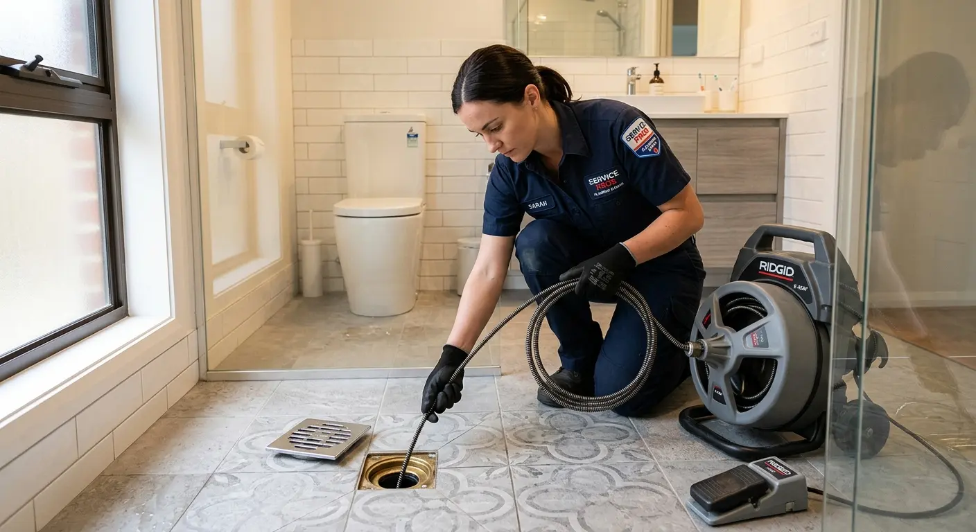 Technician clearing a bathroom floor drain for Clogged Drain Repair in Lower Pottsgrove